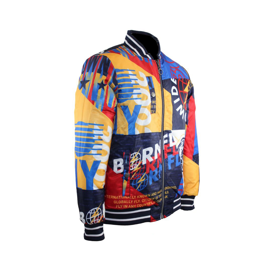 Men's Born-Fly Logo Print Bomber Jacket Reversible With Fly Worldwide All Over Print