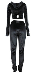 Hood Goodie Womens Panne Velvet Set Hooded Long Sleeve Top with Pants Black