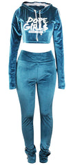 Hood Goodie Womens Panne Velvet Set Hooded Long Sleeve Top with Pants Jade