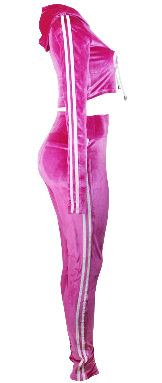 Hood Goodie Womens Panne Velvet Set Hooded Long Sleeve Top with Pants Pink