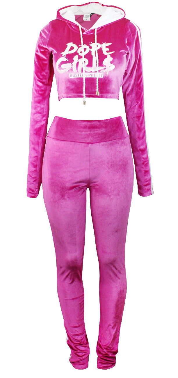 Hood Goodie Womens Panne Velvet Set Hooded Long Sleeve Top with Pants Pink