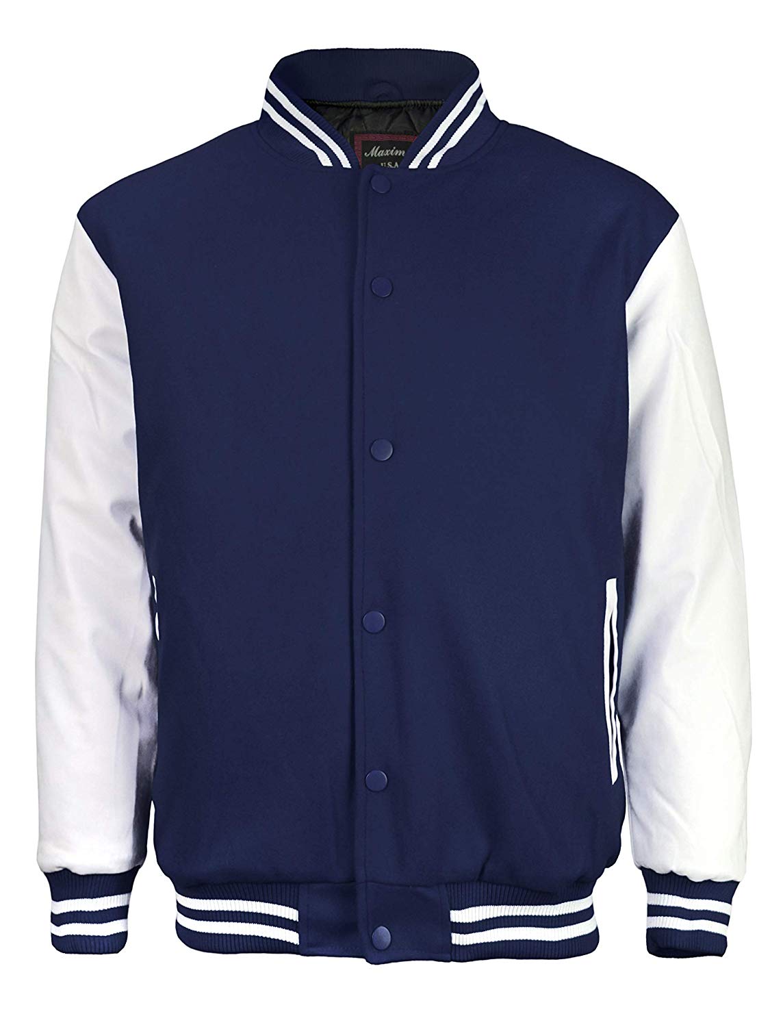 Maximos Mens Varsity Baseball Letterman Vintage Button Down Jacket Navy White