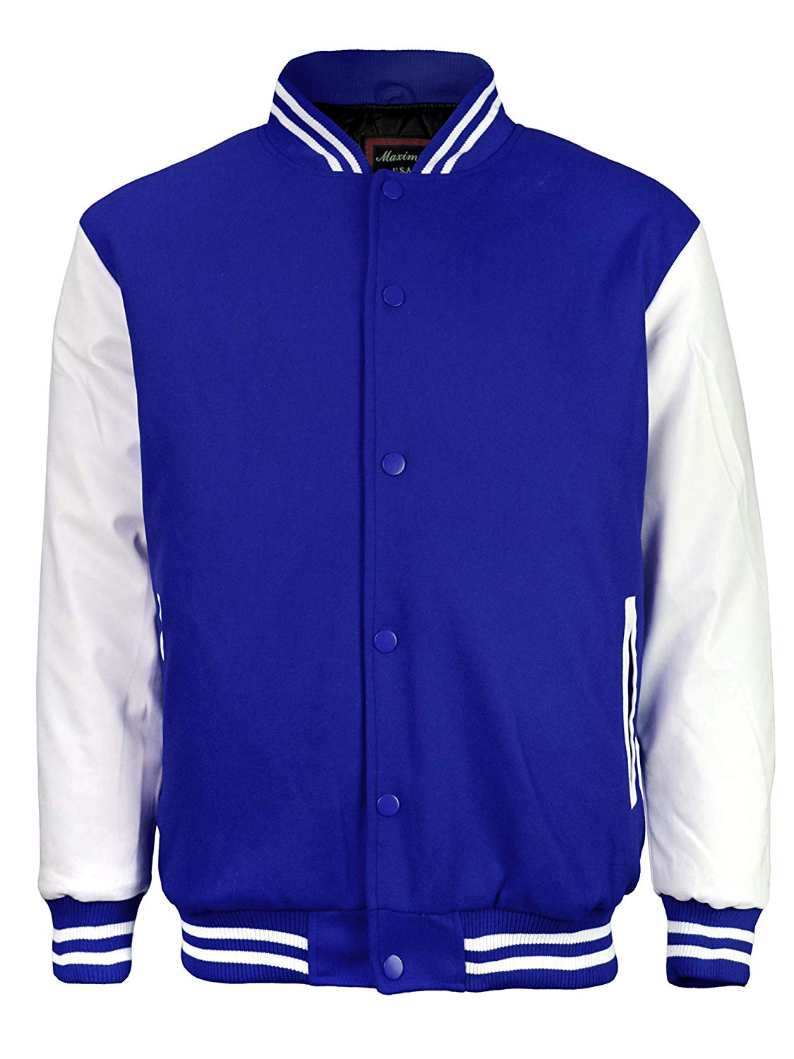 Maximos Mens Varsity Baseball Letterman Vintage Button Down Jacket Royal Blue White