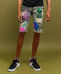 Men's Maison Noir Alien Graphic Print Denim Shorts Multi color