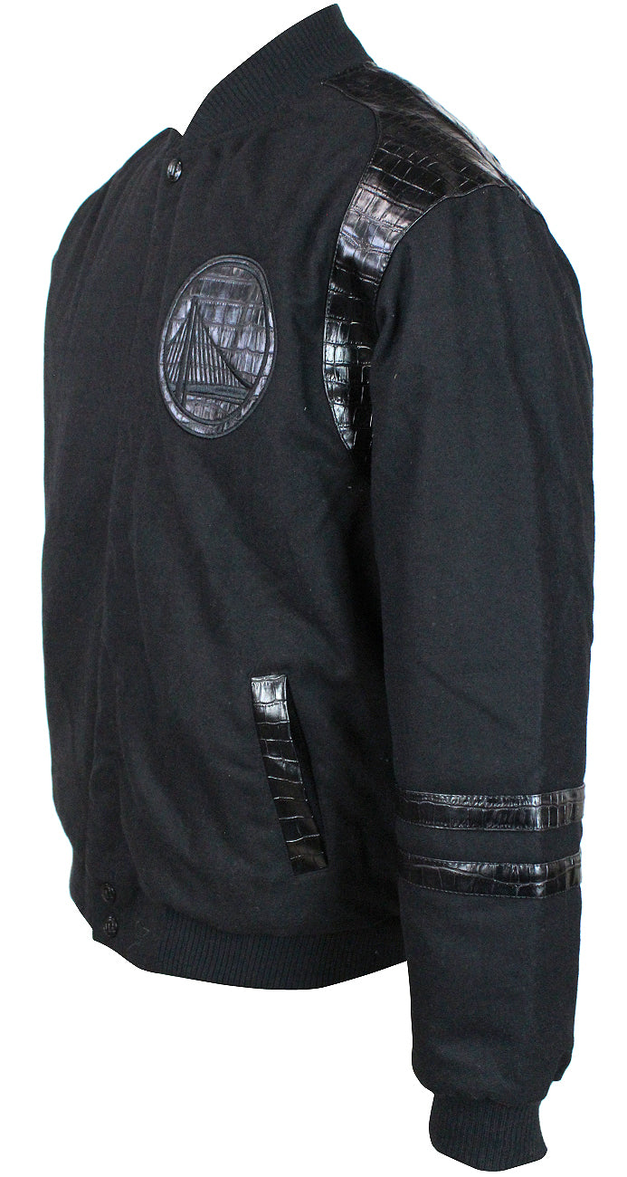 JH Design NBA Men's Reversible Fleece Jacket with Faux Alligator Leather Logos Golden State Warriors Black
