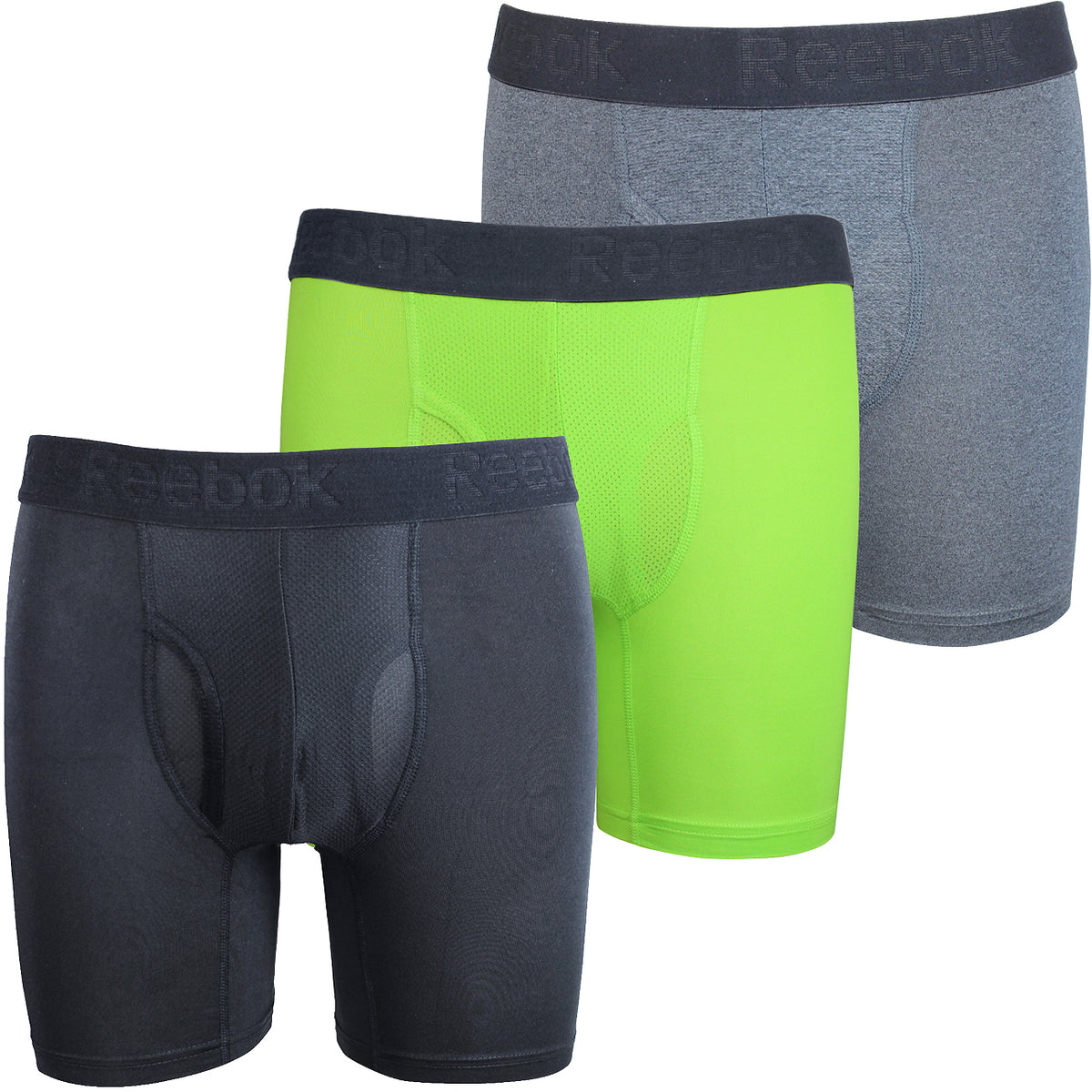 Reebok Mens Performance Training Boxer Briefs Black Phantom Grey Print Pack of 3