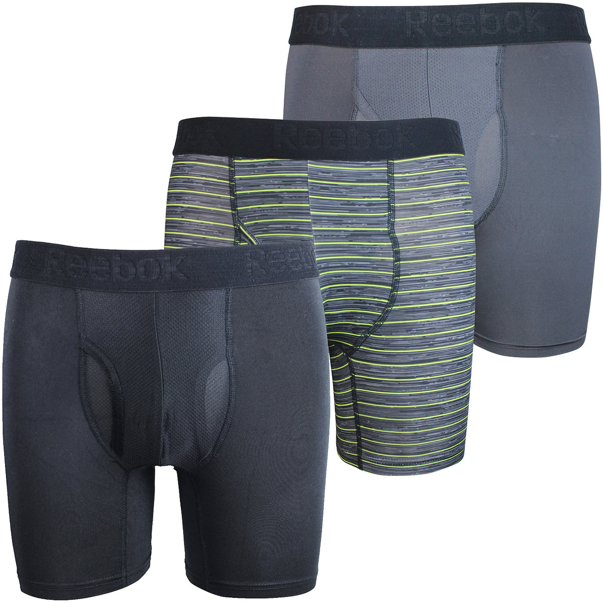 Reebok Mens Performance Training Boxer Briefs Black Lime Green Charcoal Pack of 3
