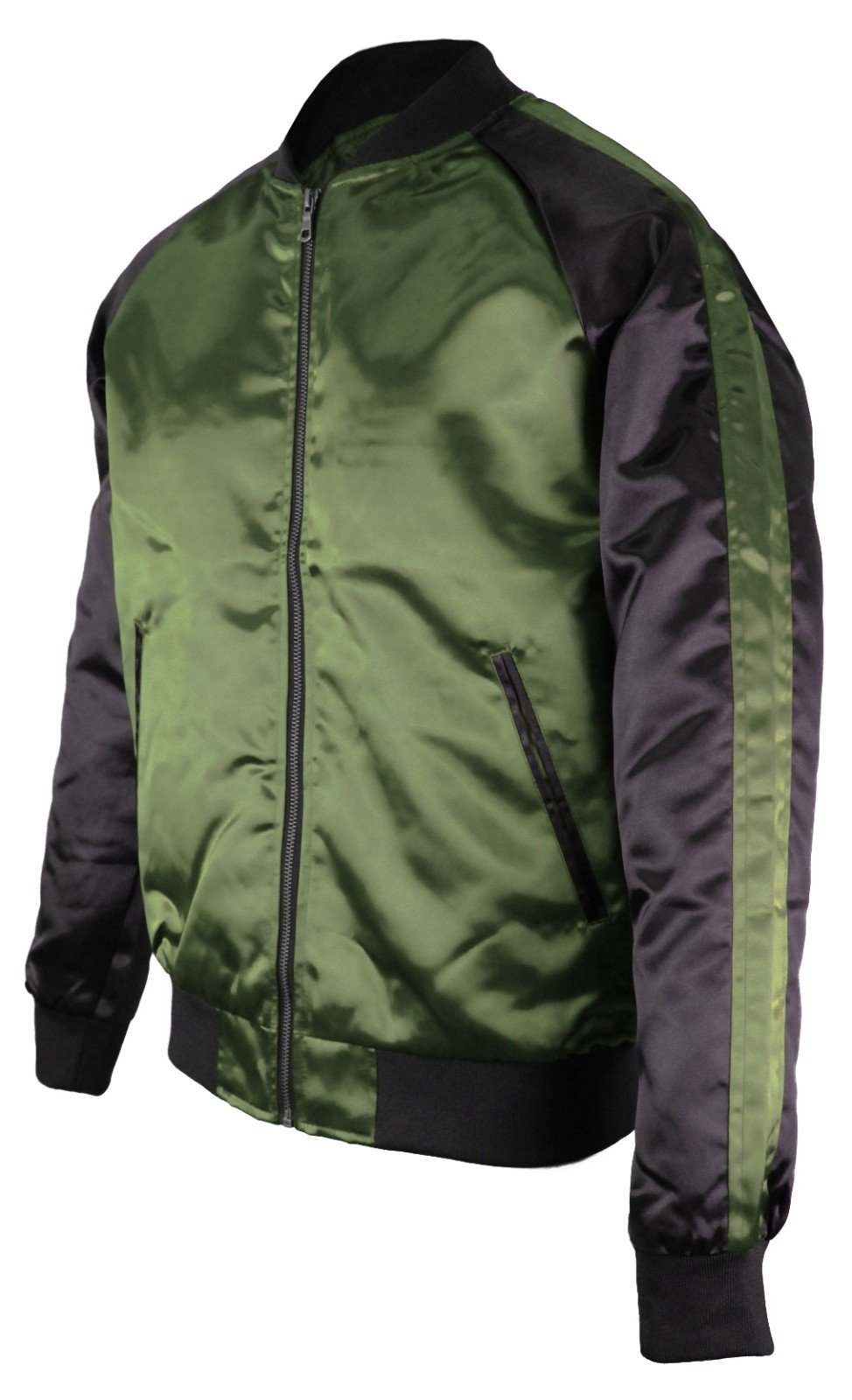 Upscale Mens Zip Up Two Tone Satin Look Bomber Track Jacket Olive/Black