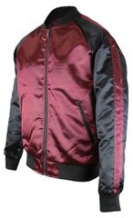 Upscale Mens Zip Up Two Tone Satin Look Bomber Track Jacket Burgundy/Black