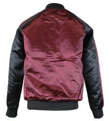 Upscale Mens Zip Up Two Tone Satin Look Bomber Track Jacket Burgundy/Black