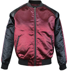 Upscale Mens Zip Up Two Tone Satin Look Bomber Track Jacket Burgundy/Black